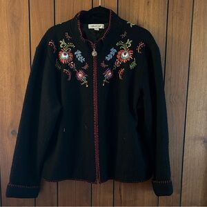 Coldwater Creek Black wool zippered sweater with Floral Embroidery